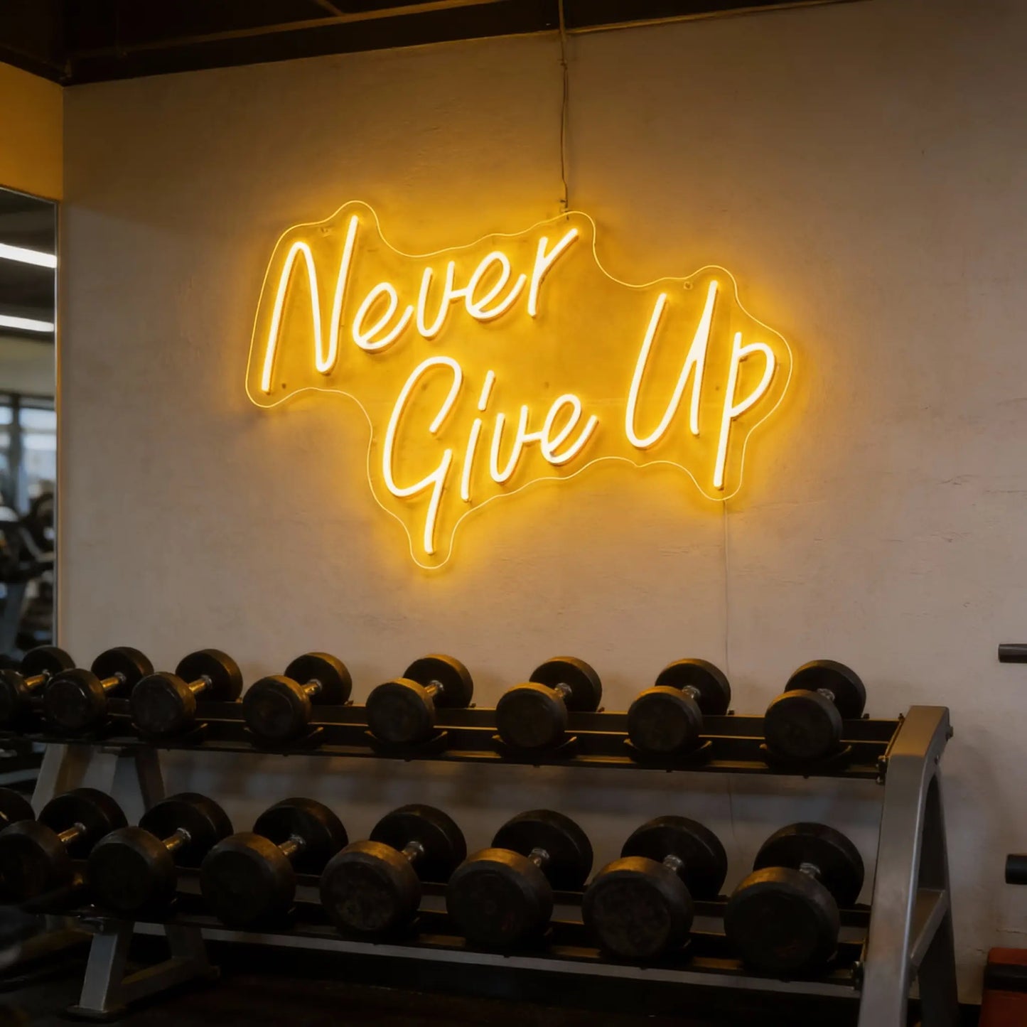 Neon sign with 'Never Give Up' in a gym setting