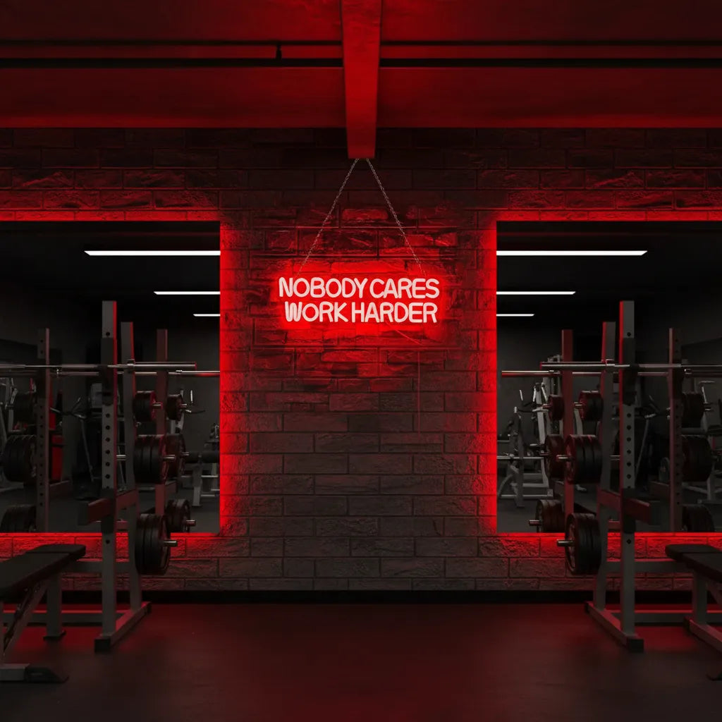 Neon sign in a gym with motivational quote 'Nobody cares. Work harder.'