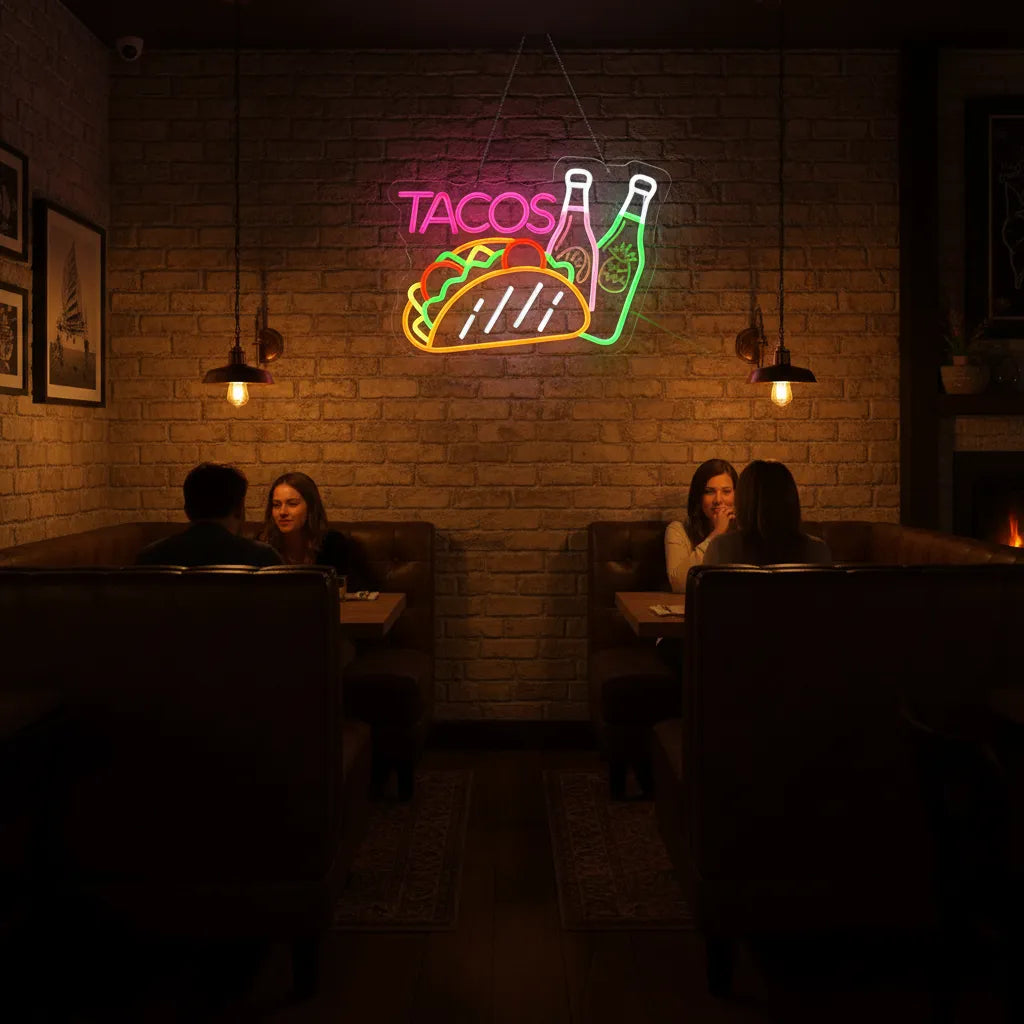 Neon sign of a taco and bottle on a brick wall in a dimly lit restaurant.