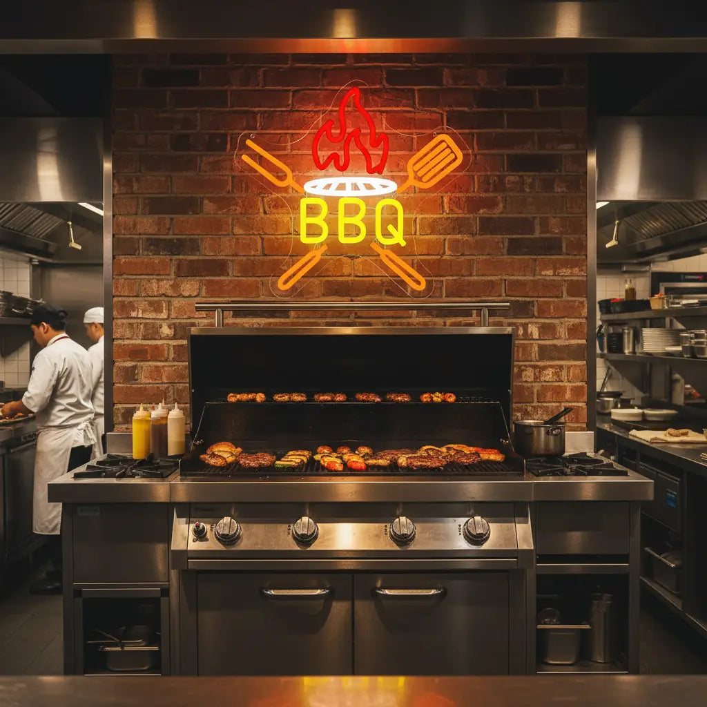 Neon BBQ sign above a grill in a kitchen setting
