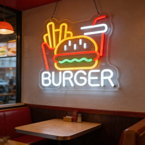 Burger With Meal Neon Restaurant Sign